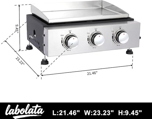 Portable Tabletop Gas Griddle Grill with Stainless Steel Griddle, Includes Dust Cover & Regulator, Perfect for Camping & Tailgating (3-Burner)