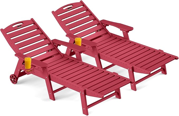 Ciokea Outdoor Chaise Lounge Chair Set of 2, Patio Lounge Chairs for Outside, HDPE Lounge Chair with Wheels & Cup Holder, Poly Chair with 5 Position for Poolside, Deck, Red