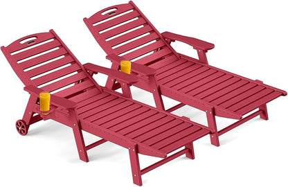Ciokea Outdoor Chaise Lounge Chair Set of 2, Patio Lounge Chairs for Outside, HDPE Lounge Chair with Wheels & Cup Holder, Poly Chair with 5 Position for Poolside, Deck, Red