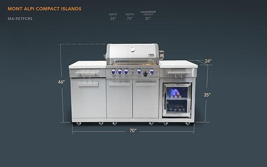 Mont Alpi Premium 70"W x 24"D x 46"H Stainless Steel Outdoor Kitchen Island with Refrigerator + 32"W 4-Burner BBQ Grill + Accessory Bundle - Natural Gas Conversion Kit + Griddle Plate + Charcoal Tray