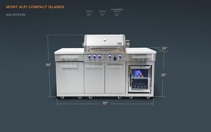 Mont Alpi Premium 70"W x 24"D Stainless Steel Outdoor Kitchen Island with Refrigerator + 32"W 4-Burner BBQ Grill + Infrared Burner + Storage Cabinets + Granite Countertops + Natural Gas Conversion Kit
