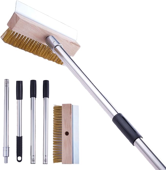 Pizza Oven Brush with Scraper, 57-Inch Long Handle | Aluminum head, stainless steel scraper, 4-section detachable handle for pizza ovens, grill grates, and oven racks.