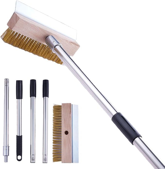 Pizza Oven Brush with Scraper, 57-Inch Long Handle | Aluminum head, stainless steel scraper, 4-section detachable handle for pizza ovens, grill grates, and oven racks.
