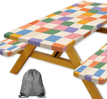 Fitted Picnic Table Cover with Bench Covers and Bag | Camping Essentials, Colorful Checkered Outdoor Waterproof Picnic Tablecloth with Elastic Edges, 3 Pcs Set 30x60 Inch