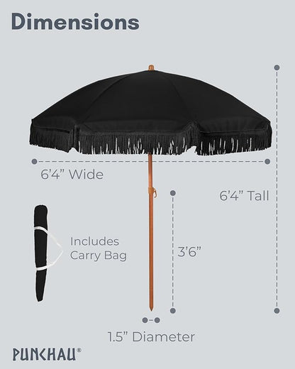 6 Ft Fringe Patio Umbrella - Outdoor Umbrella for Patio, Pool, Table, Garden, Deck, Beach, and Outdoors - Fashionable Boho Vintage Tassels & Wood Print - Push Button Tilt Pole
