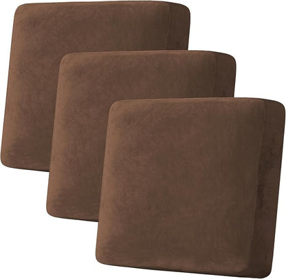 H.VERSAILTEX Velvet Stretch Couch Cushion Cover Plush Cushion Slipcover for Chair Loveseat Sofa Cushion Furniture Protector Seat Cushion Sofa Cover (3 Piece XL Sofa Cushion Covers, Caramel Cafe)