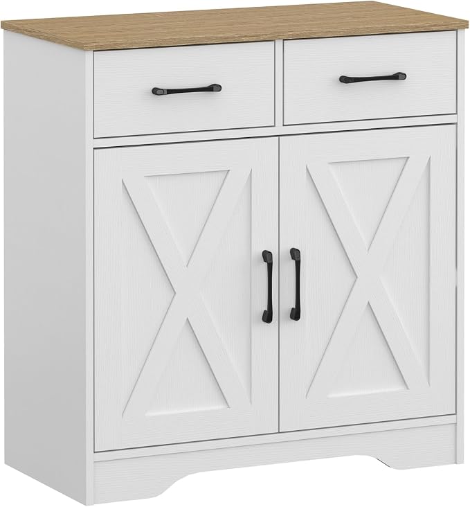Panana Sideboard 2 Drawers 2 Doors Entryway Storage Cabinet Living Room Organizer Farmhouse Style Wooden Kitchen Cupboard (White)