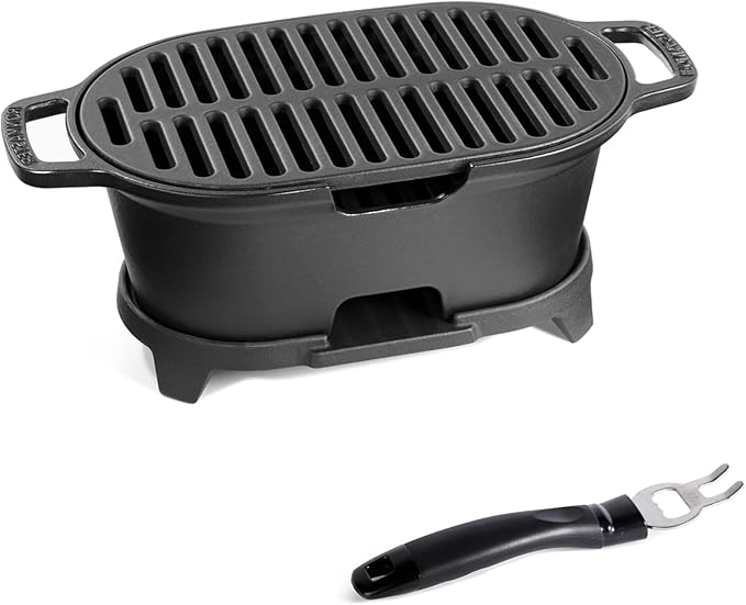 IRONMAX Mini Hibachi Grill Outdoor, Portable Small Charcoal Grill and Tabletop Cast Iron Skillet, 100% Cast Iron, Durable, Camping BBQ Grill Grate 11" x 6.7" for 2 People