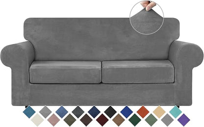 WEERRW Velvet Stretch 3 Pieces Couch Cover for Sofa Washable, Light Grey | Love Seat Couch Covers for 2 Cushion Couch Sofa Furniture Protector slipcoves with Elastic Bottom for Kids, Medium