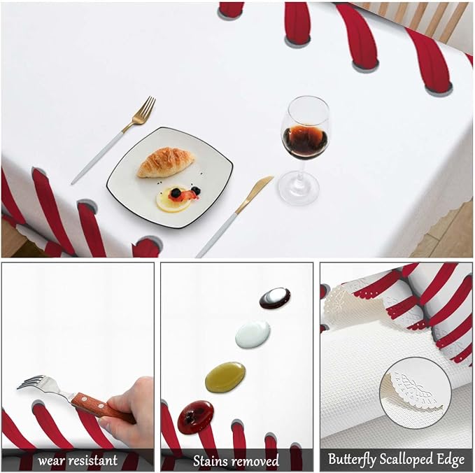 Swono Rectangle Tablecloth Baseball Table Cover 52x70 Inch Sport Baseball Red Lace Seam Heavy Duty Table Cloth for Rectangle Tables Decorative Tablecloth for Dining Party Camping BBQ
