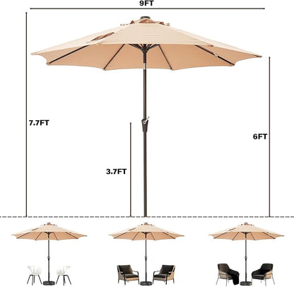 9FT Solar-Powered LED Patio Umbrella with Tilt Crank,Outdoor Market Umbrella with 32 Lights,Sunshade for Deck, Garden and Pool