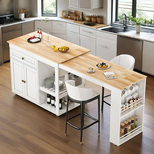 81.5" Kitchen Island with Extendable Dining Table, Rolling Kitchen Cart on Wheels with Spice Rack, Drawer and Door Cabinet for Dining Room, White