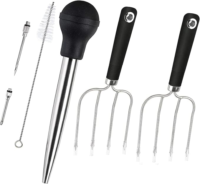 KAYCROWN Turkey Baster and Roast Lifters with Non-Slip Handle, Rubber Baster with 2 Marinade Needles & Stainless Steel Poultry Forks Set