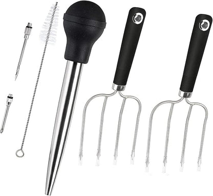 KAYCROWN Turkey Baster and Roast Lifters with Non-Slip Handle, Rubber Baster with 2 Marinade Needles & Stainless Steel Poultry Forks Set