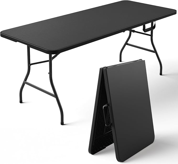 Folding Table, 6FT Foldable Picnic Table with Carrying Handle, Heavy Duty Fold-in-Half Portable Table for Weddings, Camping, RV Travel, Parties, BBQs, and Indoor Use, Easy to Fold and Store, Black