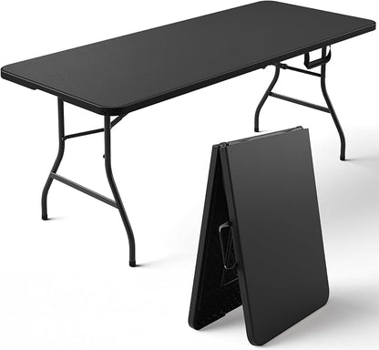 Folding Table, 6FT Foldable Picnic Table with Carrying Handle, Heavy Duty Fold-in-Half Portable Table for Weddings, Camping, RV Travel, Parties, BBQs, and Indoor Use, Easy to Fold and Store, Black
