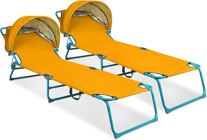 Northroad 2 Pack Beach Lounge Chair with Canopy Shade, Adjustable 4 Position Foldable Tanning Chair, Outdoor Heavy Duty Chaise Lounge Chair, for Poolside Patio Sunbathing Lawn, UPF 50+, Yellow