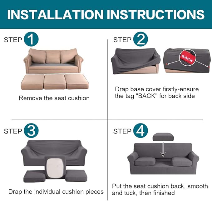 Turquoize 4 Piece Sofa Covers for 3 Cushion Couch Sofa Slipcover Soft Couch Cover for Dogs-Washable Sofa Furniture Covers with 3 Individual Cushion Covers, Jacquard Fabric (3 Cushion Sofa, Gray)