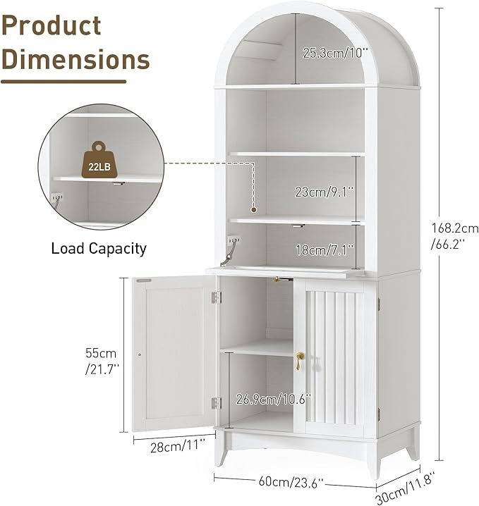 RALGEND 66" Tall Bathroom Storage Cabinet with Flip Drawer, Freestanding Storage Cabinet with Doors & Shelves,Arched Cabinets for Bathroom, Living Room, Kitchen, Laundry, White