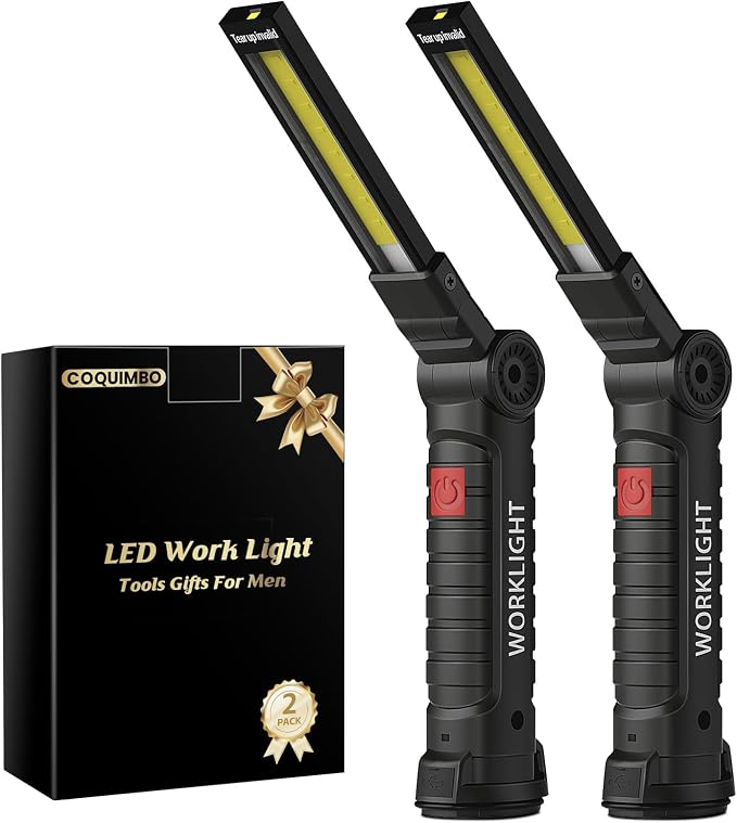 Coquimbo 2 Pack Rechargeable Work Light, Christmas Tool Gifts for Men Dad | Mens Stocking Stuffers for Adults Husband, LED Flashlight, BBQ Light Grill Accessories with Magnetic Base and Hook (Black)