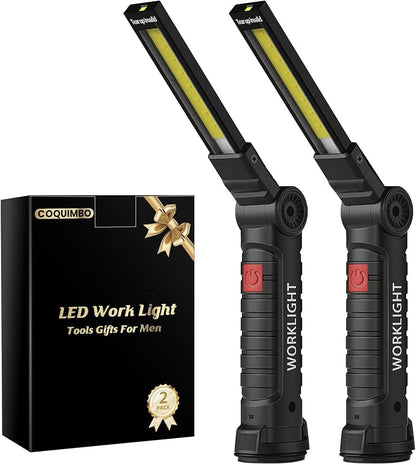 Coquimbo 2 Pack Rechargeable Work Light, Christmas Tool Gifts for Men Dad | Mens Stocking Stuffers for Adults Husband, LED Flashlight, BBQ Light Grill Accessories with Magnetic Base and Hook (Black)