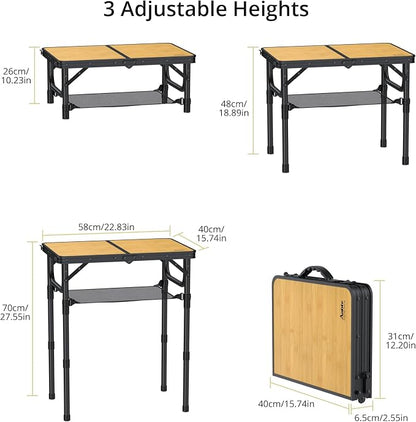 Anbte 2ft Camping Table Foldable, 24" x 16" Small Folding Table Portable | 3 Adjustable Heights Max 27.5", with Storage Net, Aluminum Lightweight, for Travel Beach Camping Picnic BBQ, Light Oak Grain
