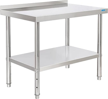 KUARBARR Stainless Steel Table for Prep & Work with Backsplash 24 x 36 Inches NSF Metal Commercial Kitchen Adjustable Under Shelf Worktable for Restaurant Home Outdoor