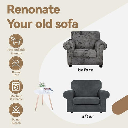 WEERRW Velvet Stretch 2 Pieces Chair Sofa Slipcovers Washable, Dark Grey | Armchair Slipcovers Luxury Soft Velvet Plush Furniture Protector Couch Cover with Elastic Bottom for Kids Pets, Small