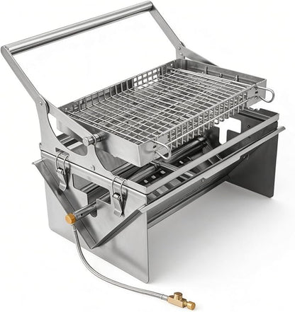 3-in-1 Gas Portable Barbecue Grill, 360° Rotatable Charcoal Grill, Flipping Stainless Steel Detachable Grill with Carry Bag, Dual-Use Grill & Fire Pit for Camping, Tailgating and Outdoor Cooking