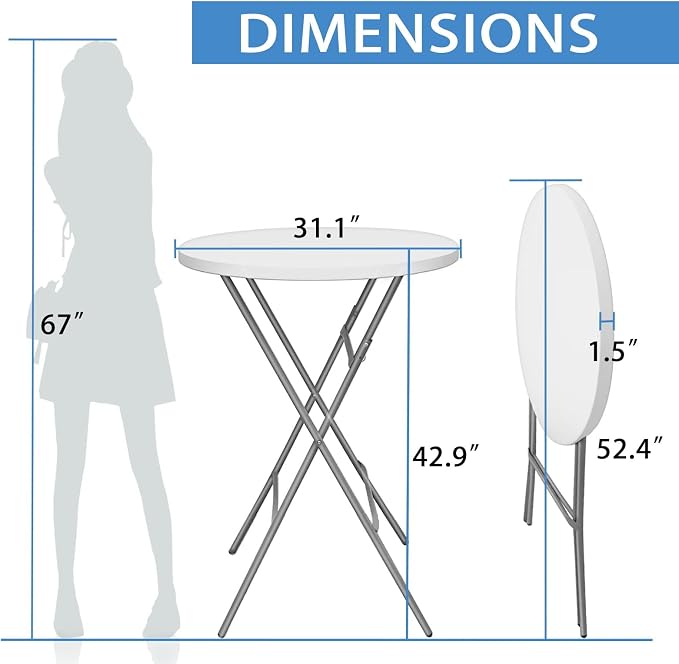 GUAGUA 32inch Folding Cocktail Tables, Bar Height, 2 Pack, White | 32in round bar-height tables with foldable legs for parties, weddings, catering, and portable indoor or outdoor setups.