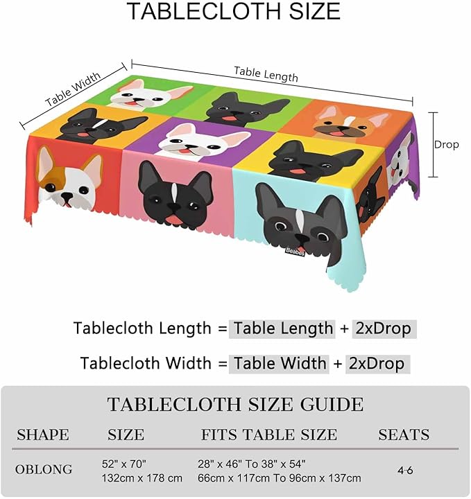 Rectangle Tablecloth French Bulldog, Stain-Resistant Table Cloth Colorful Puppy Bulldog Head Coffee Table Cover 52x70 Inch Tablecloths for Home Canteen Dining Kitchen Outdoor