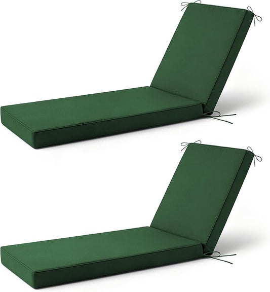 2 Pcs Chaise Lounge Cushions Outdoor Set of 2, 72x 21x 3 Inch Waterproof & Fade-Resistant Lounge Chair Cushion, Outdoor Chaise Cushion with Ties for Lawn, Patio, Pool & Beach, Forest Green