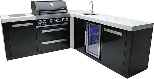 Mont Alpi Premium 82"W x 88"D Black Stainless Steel L-shaped Outdoor Kitchen Island with Refrigerator Faucet & Sink + 32"W 4-Burner BBQ Gas Grill + Granite Countertops + Storage + Rotisserie + Cover