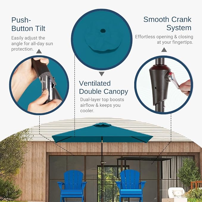 6.5' x 10' Rectangular Patio Umbrella Large Outdoor Market Umbrella w/UV Protection, Push Button Tilt and Crank Lift, Rectangle Table Umbrella for Garden, Deck, Pool, Patio, Lake Blue