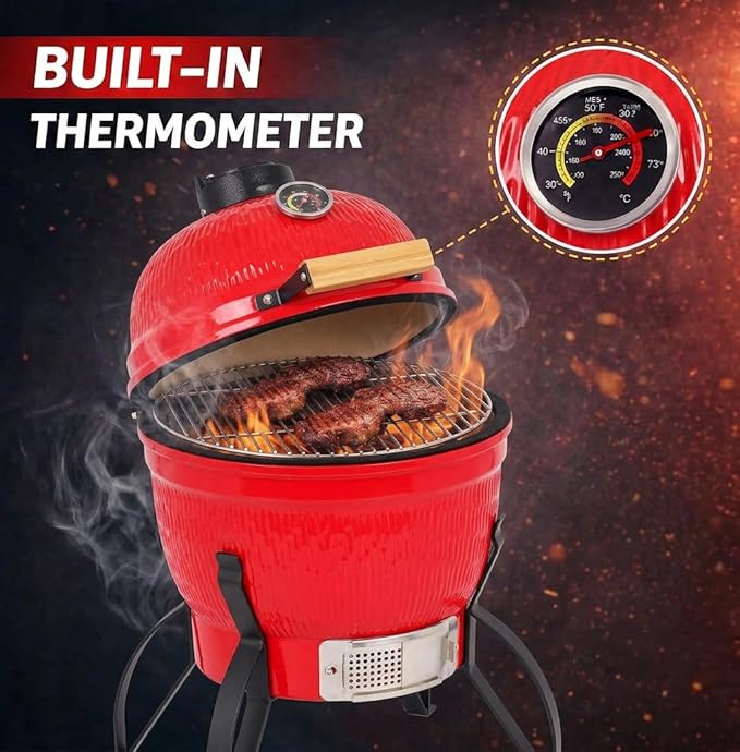 13-in W Kamado Grill with Built-in Thermometer, Oval Grill with Cast Iron Grates, Bamboo handle, Portable Ceramic Grills with Low Stand for Backyard, Patio, Deck grilling, Red