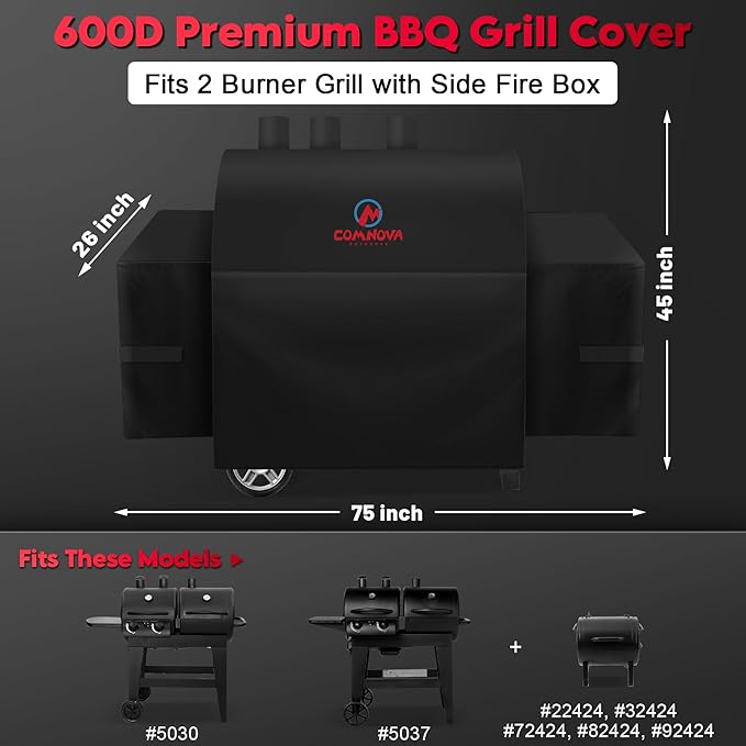 Comnova Grill Cover for Char Griller 2 Burner Dual Function Gas and Charcoal Grill - 600D Premium Grill Cover for CharGriller Waterproof, Fits Model 5030, 5037 with Side Fire Box - 75"L x 26"W x 45"H