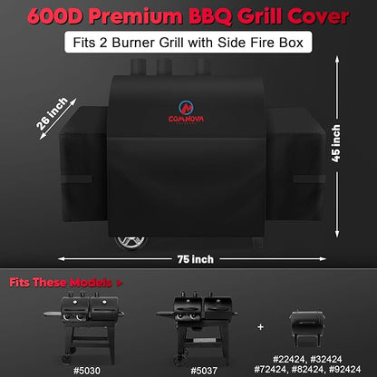 Comnova Grill Cover for Char Griller 2 Burner Dual Function Gas and Charcoal Grill - 600D Premium Grill Cover for CharGriller Waterproof, Fits Model 5030, 5037 with Side Fire Box - 75"L x 26"W x 45"H