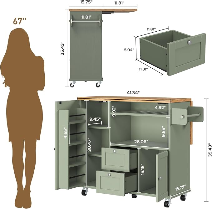 knoworld Rolling Kitchen Island with Storage Cabinet, 41.3'' Width Kitchen Cart with Desktop Drop Leaf Countertop, Portable Mobile Island with Towel Rack, Spice Rack Shelf and Lockable Wheels, Green