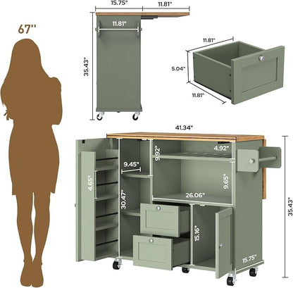 knoworld Rolling Kitchen Island with Storage Cabinet, 41.3'' Width Kitchen Cart with Desktop Drop Leaf Countertop, Portable Mobile Island with Towel Rack, Spice Rack Shelf and Lockable Wheels, Green