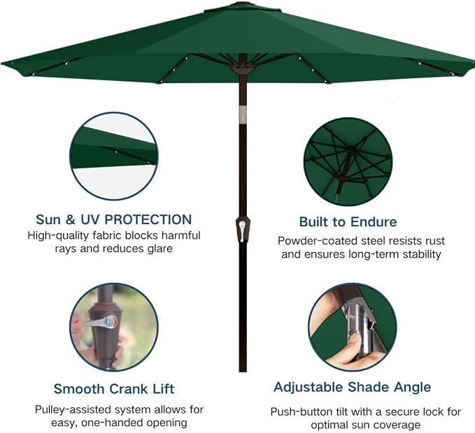 9' Solar LED Patio Umbrella with Tilt & Crank|8 Sturdy Ribs,UV Protection,Outdoor Market Table Umbrella for Deck,Lawn,Pool,Backyard(Dark Green)