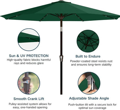 9' Solar LED Patio Umbrella with Tilt & Crank|8 Sturdy Ribs,UV Protection,Outdoor Market Table Umbrella for Deck,Lawn,Pool,Backyard(Dark Green)