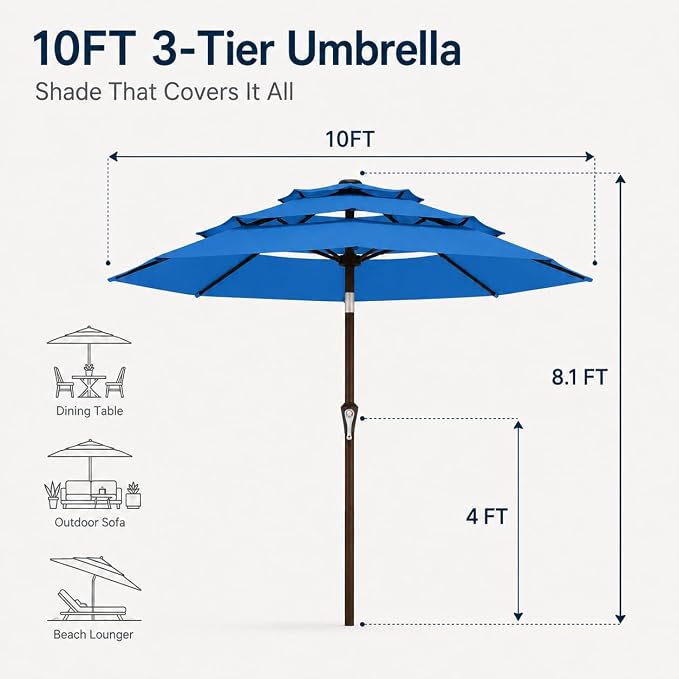 10ft Patio Umbrella, 3-Tier Vented Outdoor Table Umbrella with 8 Sturdy Fiberglass Ribs, Windproof Market Umbrella with Push Button Tilt and Crank, UV Protection for Deck, Pool, Royal Blue
