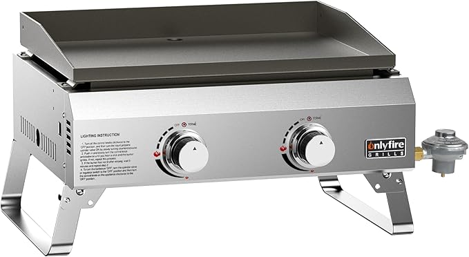 ONLYFIRE GRILLS Tabletop Gas Griddle 2 Burners, Propane Gas Stove, GS319 | Portable Flat Top Griddle for 1lb/20lb Propane, Outdoor Cooking Patio BBQ Camping Tailgating RV, Stainless Steel 16000BTU