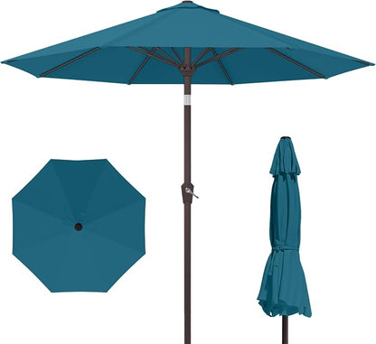 Kingdura 9FT Outdoor Patio Umbrella, Round Market Table Umbrella with Push‑Button Tilt and Crank Lift, 8 Sturdy Metal Ribs, UV50+ Protection Canopy for Backyard, Lawn, Deck, Poolside, Garden (Lake blue)