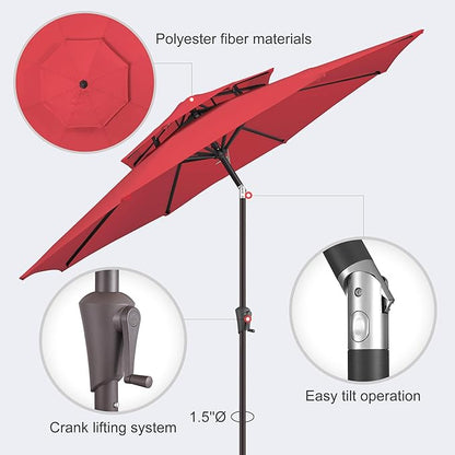 9FT Outdoor Patio Umbrella - 2 Tiers Table Umbrella Waterproof UV Protection, Sombrillas de Patio with Push Button Tilt, Sun Umbrella for Pool, Porch, Garden, Backyard (Red)