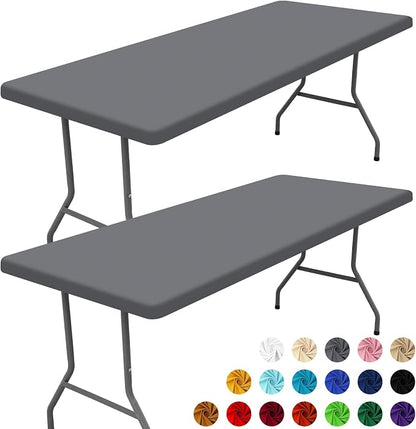 Moosfor 2 Pack Rectangle Spandex Fitted Table Cloth, 8FT Elastic Tablecloth | Washable Picnic Table Cover, Stretch Waterproof Table cloths for Party, Patio, Dining, Kitchen, 30" x 96", Grey