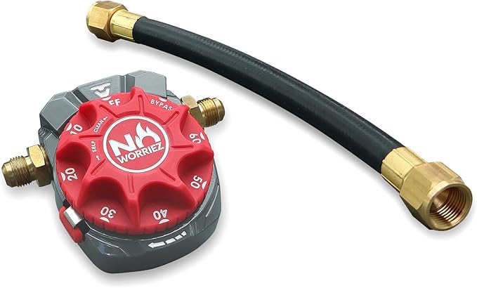 NO WORRIEZ Bypass Propane & Natural Gas Timer, 3/8" Flare, Flex Hose | Safety Auto Shut Off, 80,000 BTU, Fits Outdoor Grill, Fire Pit, Pizza Oven, BBQ, Smoker, Turkey Fryer, Mechanical Valve