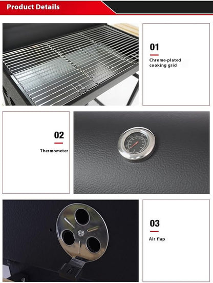 Charcoal Grill with Two Side Tables, Heavy Duty Steel BBQ Grill for Outdoor Picnics, Backyard Patios and Parties
