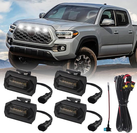 4PCS Grill Light Fit for Tacoma TRD Off Road & Sport OEM 2020-2023 White | with Fuse Adaptor, with 4-in-1 Wire Harness, LED Grille Light Bar Compatible with Toyota Tacoma TRD Off Road & Sport OEM