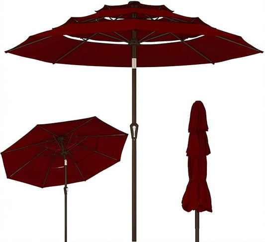 Kingdura 9ft 3-Tier Patio Umbrella, Outdoor Table Umbrella with Easy Crank & Tilt, 8 Reinforced Ribs, UV Protection for Deck, Pool, Market, Backyard (Dark red)
